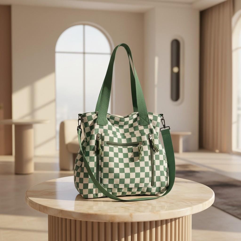 Green Checker Shoulder Bag, Large Tote Purse for Women, Plaid Crossbody Bag, Everyday Travel Handbag