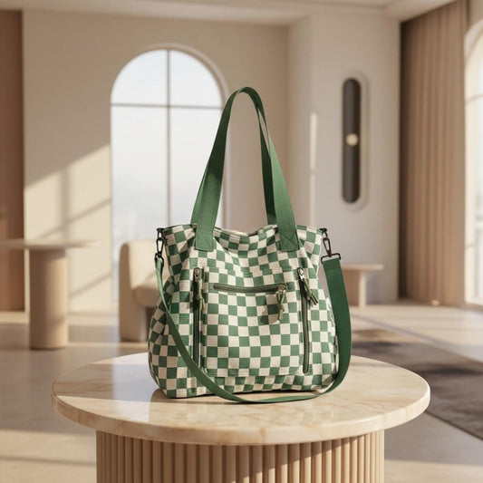 Green Checker Shoulder Bag, Large Tote Purse for Women, Plaid Crossbody Bag, Everyday Travel Handbag
