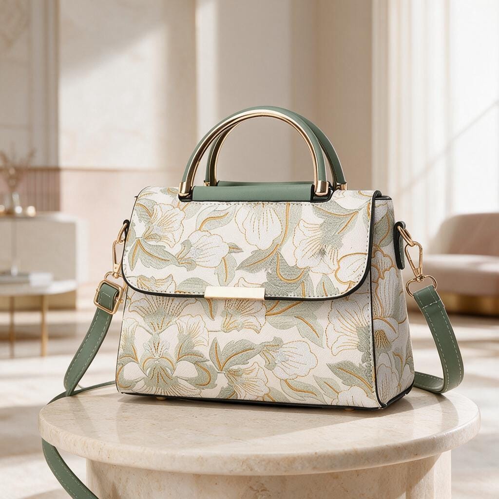 Sage Green Floral Handbag, Structured Satchel Purse, Floral Shoulder Bag, Top Handle Crossbody Bag, Elegant Women's Purse