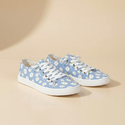 Blue Daisy Sneakers for Women, Floral Low Top Shoes, Lace Up Casual Footwear