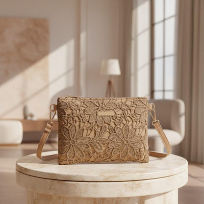 Beige Floral Embroidered Crossbody Bag, Boho Shoulder Purse, Women's Everyday Bag
