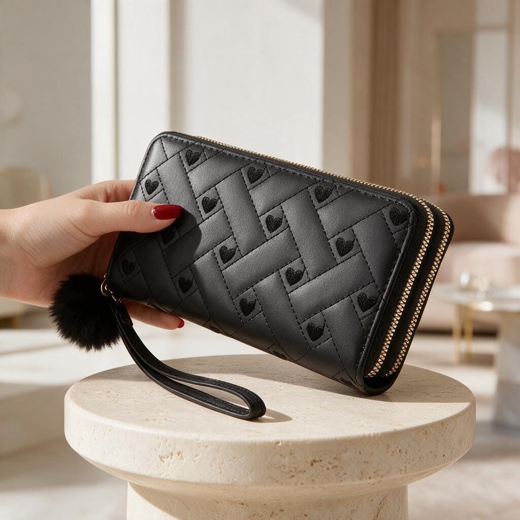 Black Heart Pattern Wristlet Wallet, Double Zip Quilted Purse for Women