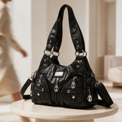 Black Multi Pocket Shoulder Bag, Faux Leather Hobo Purse, Zipper Handbag, Casual Everyday Crossbody Bag, Women Black Handbag