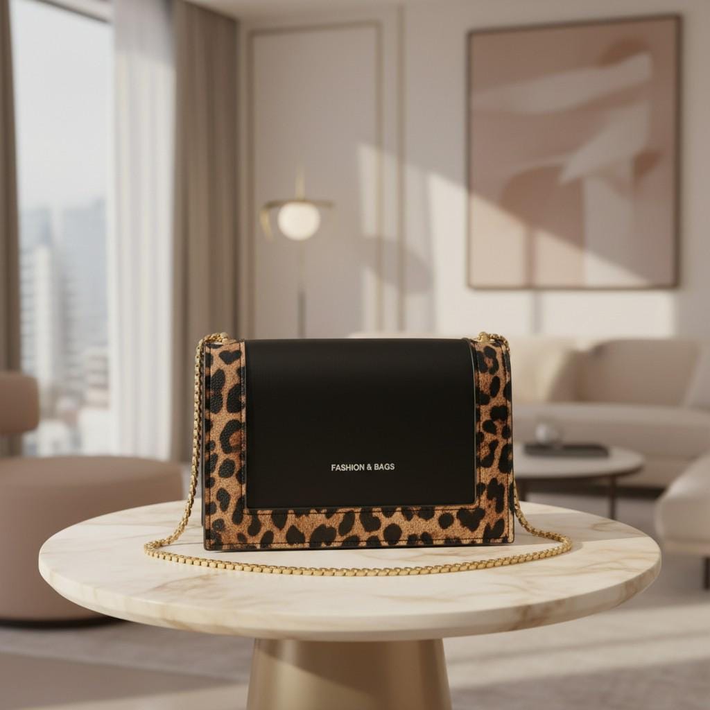 Black Leopard Shoulder Bag, Gold Chain Crossbody Purse, Leopard Print Handbag, Structured Flap Bag, Chic Everyday Purse