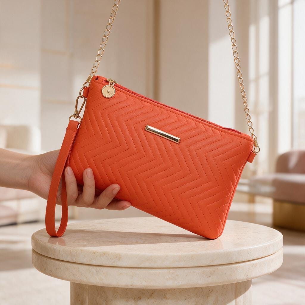 Orange Quilted Crossbody Bag, Chain Strap Purse, Small Orange Clutch, Wristlet Bag, Chevron Shoulder Bag, Evening Handbag
