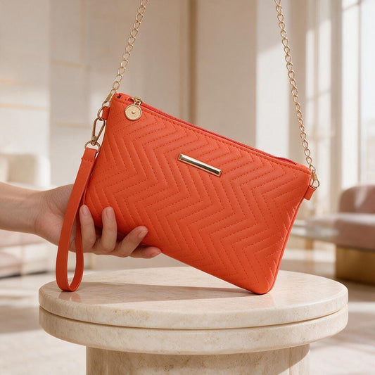 Orange Quilted Crossbody Bag, Chain Strap Purse, Small Orange Clutch, Wristlet Bag, Chevron Shoulder Bag, Evening Handbag