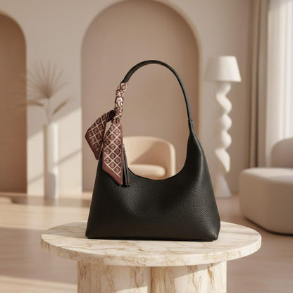Black Shoulder Bag, Hobo Purse, Scarf Handle Handbag, Black Zip Bag, Minimalist Everyday Purse