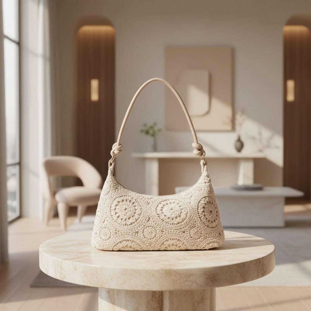 Crochet Shoulder Bag, Cream Lace Purse, Boho Crochet Handbag, Vintage Floral Bag, Romantic Summer Purse