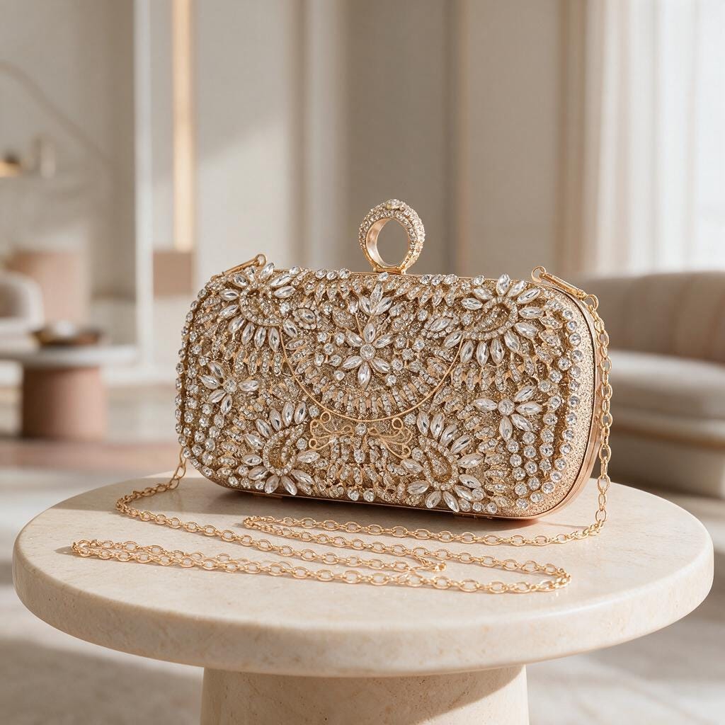 Gold Crystal Clutch Bag, Rhinestone Evening Purse, Floral Bridal Bag, Wedding Clutch with Chain, Sparkly Party Handbag
