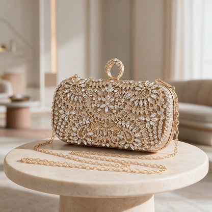 Gold Crystal Clutch Bag, Rhinestone Evening Purse, Floral Bridal Bag, Wedding Clutch with Chain, Sparkly Party Handbag