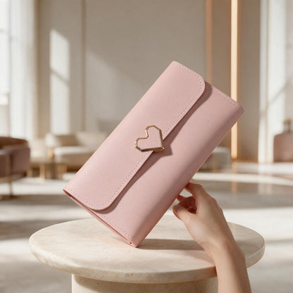 Pink Heart Clasp Wallet, Long Womens Wallet, Elegant Flap Purse