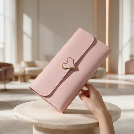Pink Heart Clasp Wallet, Long Womens Wallet, Elegant Flap Purse