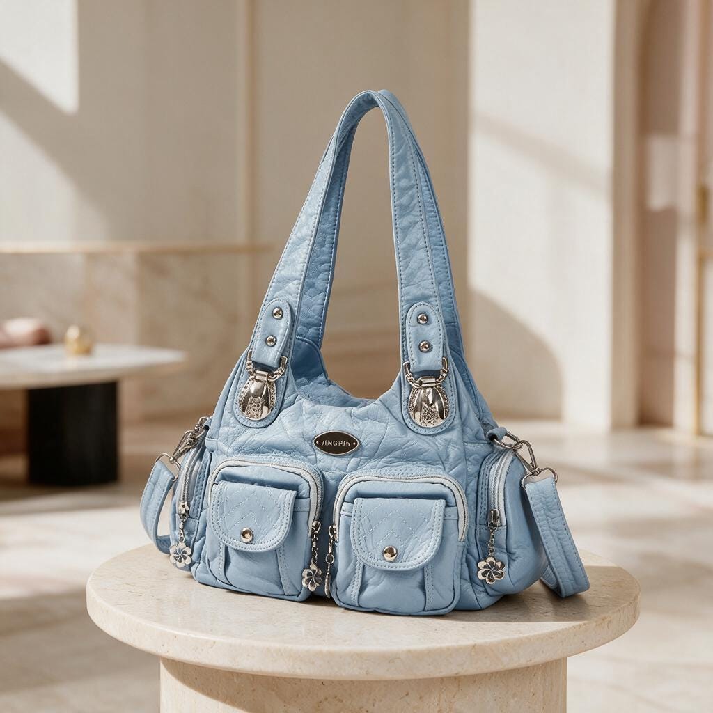 Light Blue Shoulder Bag, Quilted Purse, Y2K Multi Pocket Handbag, Blue Crossbody Bag