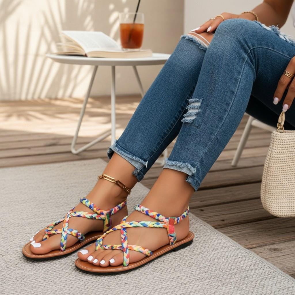 Multicolor Braided Sandals for Women, Colorful Strappy Flat Sandals, Boho Summer Shoes