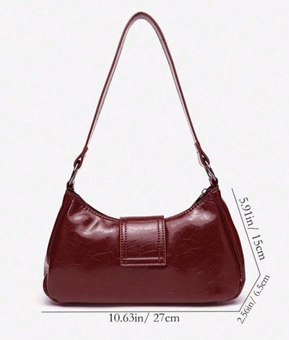 Burgundy Buckle Shoulder Bag, Y2K Baguette Purse, Glossy Handbag, Retro Small Bag