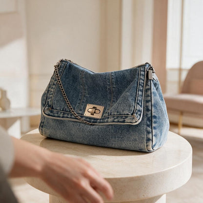 Denim Shoulder Bag, Blue Jean Purse, Y2K Baguette Handbag, Chain Strap Crossbody Bag