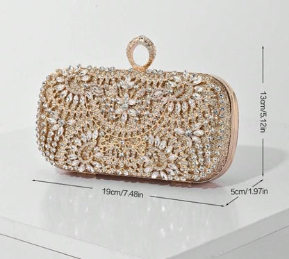 Gold Crystal Clutch Bag, Rhinestone Evening Purse, Floral Bridal Bag, Wedding Clutch with Chain, Sparkly Party Handbag