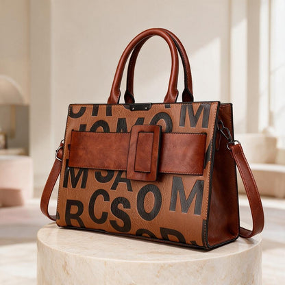 Brown Letter Print Handbag, Structured Satchel Purse, Top Handle Shoulder Bag, Buckle Detail Crossbody Bag, Women's Tote