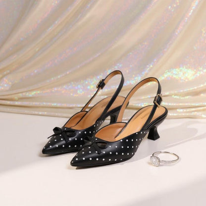 Black Polka Dot Slingback Heels, Bow Pointed Toe Pumps, Retro Kitten Heels
