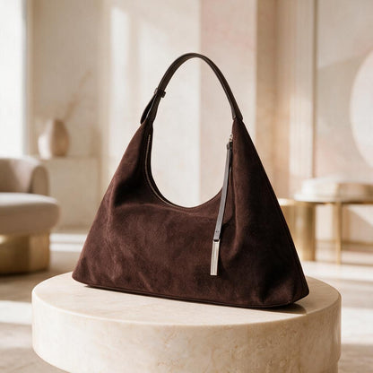 Dark Brown Suede Look Hobo Bag, Slouchy Shoulder Bag, Soft Brown Purse, Minimalist Underarm Handbag, 90s Inspired Bag