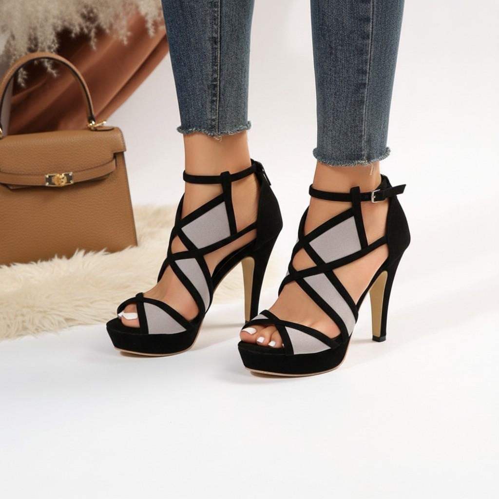 Black Strappy Platform Heels for Women, High Heel Sandals, Open Toe Ankle Strap Party Shoes