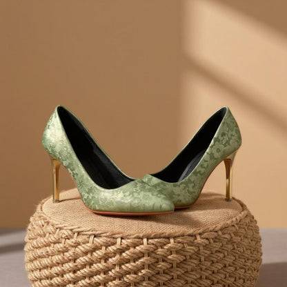Green Floral Heels, Pointed Toe Stiletto Pumps, Sage Green Dress Shoes
