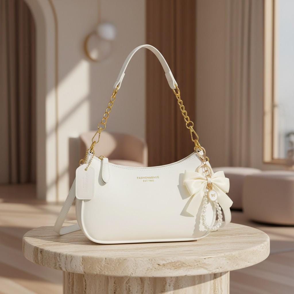 White Baguette Shoulder Bag, Bow Purse, Pearl Charm Handbag, Gold Chain Bag, Coquette Purse, Elegant Y2K Women's Handbag