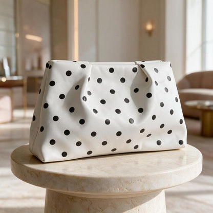 Black White Polka Dot Clutch Bag, Foldover Purse, Retro Y2K Evening Bag, White Statement Handbag, Cute Party Clutch