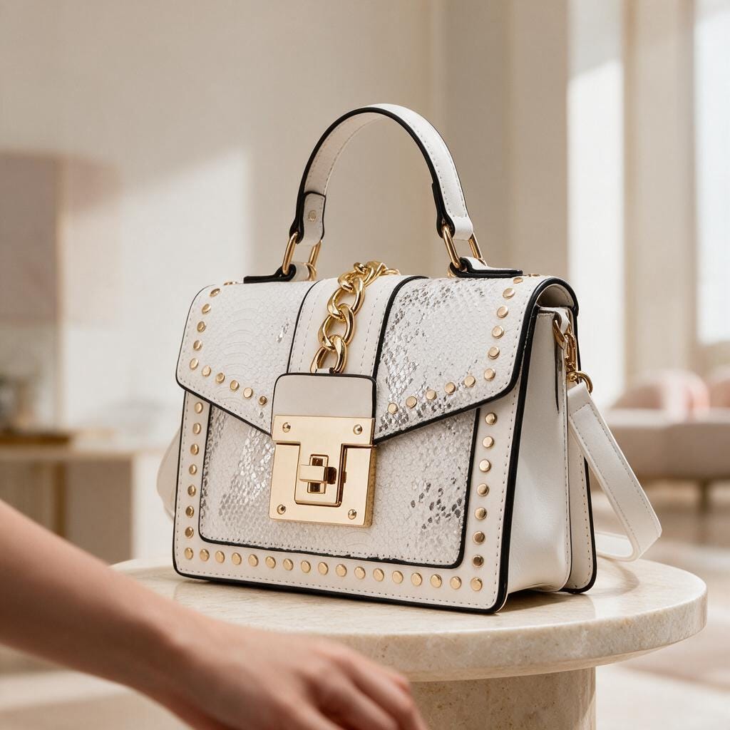 White Snake Print Handbag, Studded Shoulder Bag, Structured Flap Purse, Gold Chain Crossbody Bag, Women's Top Handle Bag