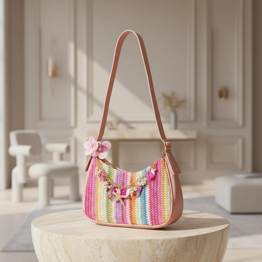 Rainbow Shoulder Bag, Colorful Woven Purse for Women, Seashell Summer Handbag, Boho Beach Bag