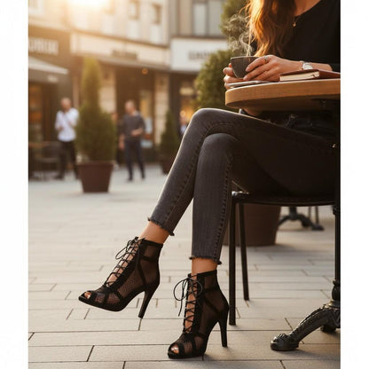 Black Mesh Lace Up Booties, Peep Toe High Heel Ankle Boots for Women