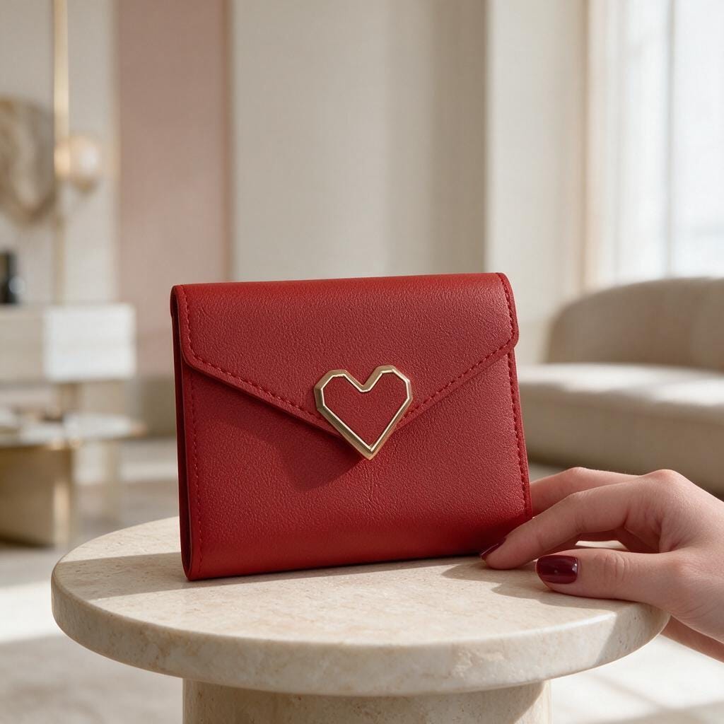 Red Heart Clasp Wallet, Small Womens Wallet, Compact Flap Purse