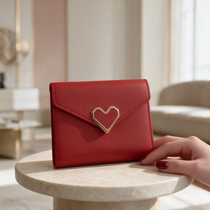 Red Heart Clasp Wallet, Small Womens Wallet, Compact Flap Purse
