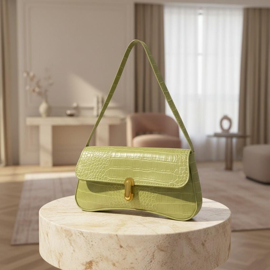 Lime Green Croc Shoulder Bag, Embossed Flap Handbag, Green Baguette Purse, Gold Clasp Y2K Bag, Trendy Underarm Purse