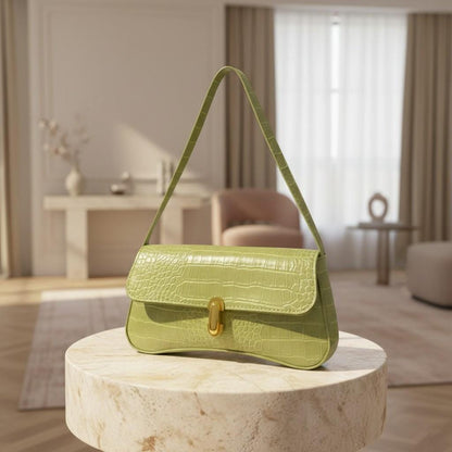 Lime Green Croc Shoulder Bag, Embossed Flap Handbag, Green Baguette Purse, Gold Clasp Y2K Bag, Trendy Underarm Purse