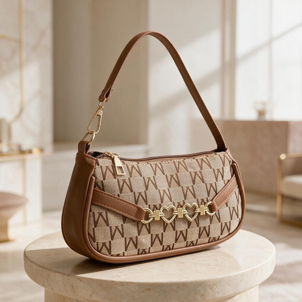 Brown Monogram Shoulder Bag, Y2K Baguette Purse, Vintage Inspired Handbag, Cute Everyday Bag