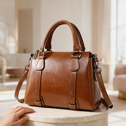 Brown Satchel Bag, Structured Top Handle Handbag, Cognac Shoulder Bag, Classic Crossbody Purse, Women's Work Tote