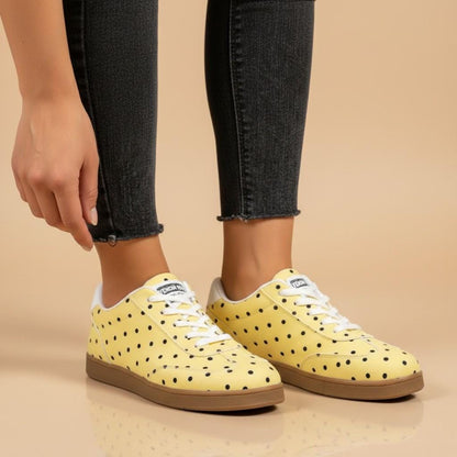 Yellow Polka Dot Sneakers, Women's Retro Lace Up Shoes, Cute Casual Trainers