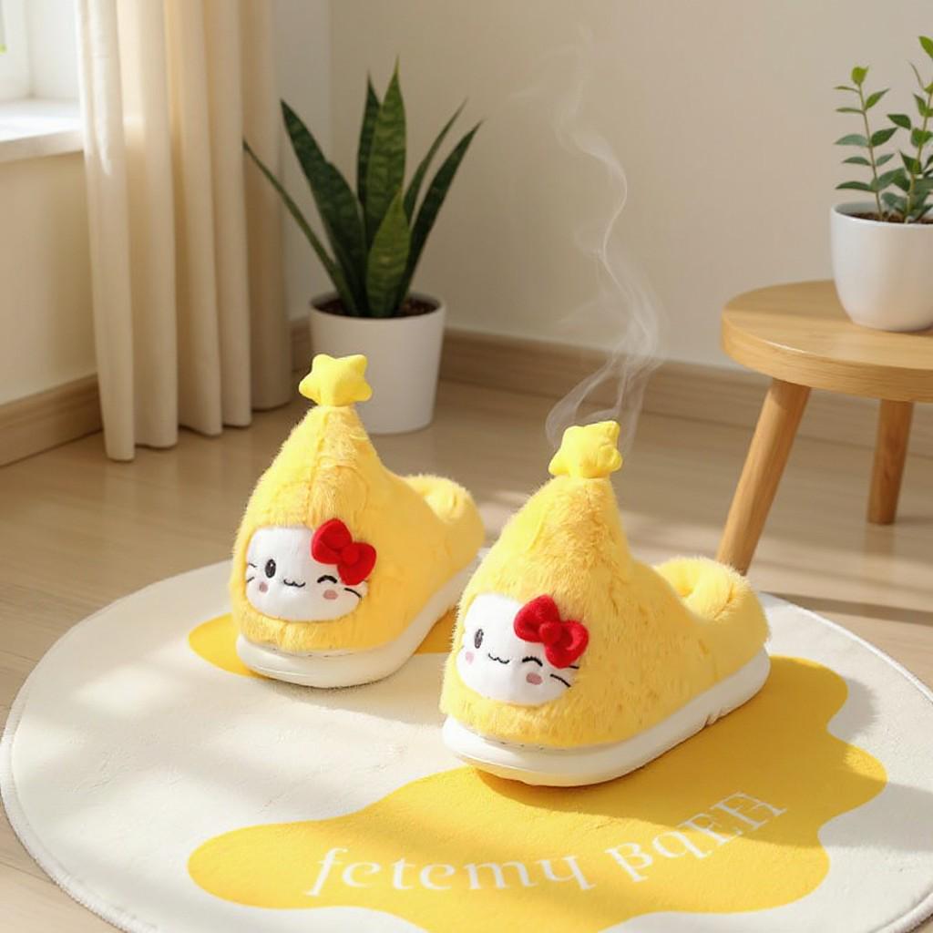 Yellow Cat Slippers, Fuzzy Plush House Shoes, Cute Bow Indoor Slippers