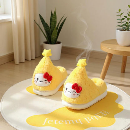 Yellow Cat Slippers, Fuzzy Plush House Shoes, Cute Bow Indoor Slippers