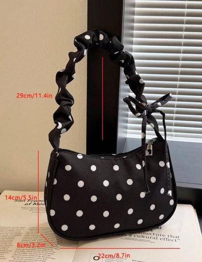 Black Polka Dot Shoulder Bag, Bow Strap Baguette Purse, Y2K Handbag, Coquette Ribbon Bag, Cute Everyday Purse