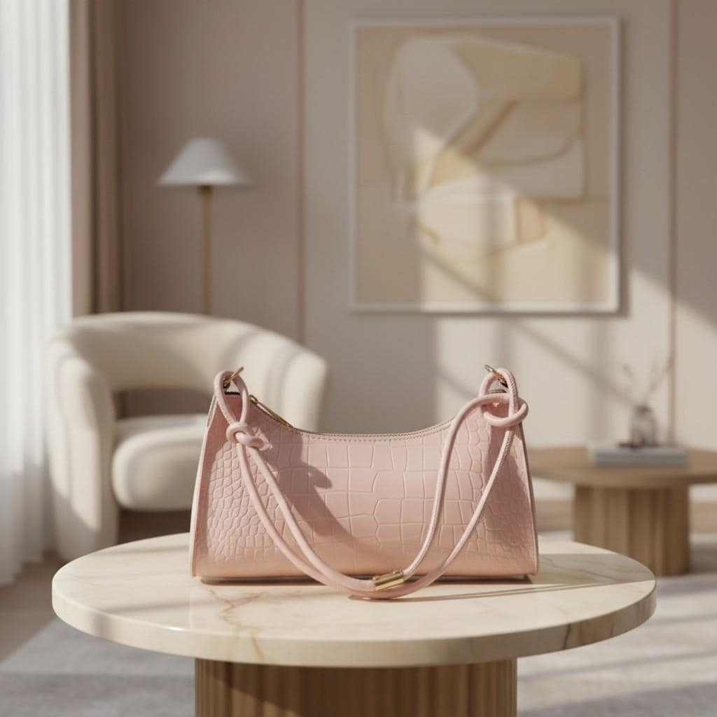 Pink Croc Baguette Bag, Soft Pink Shoulder Purse, Y2K Textured Handbag, Croc Embossed Crossbody Bag, Women's Pink Purse