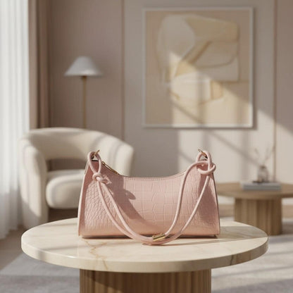 Pink Croc Baguette Bag, Soft Pink Shoulder Purse, Y2K Textured Handbag, Croc Embossed Crossbody Bag, Women's Pink Purse