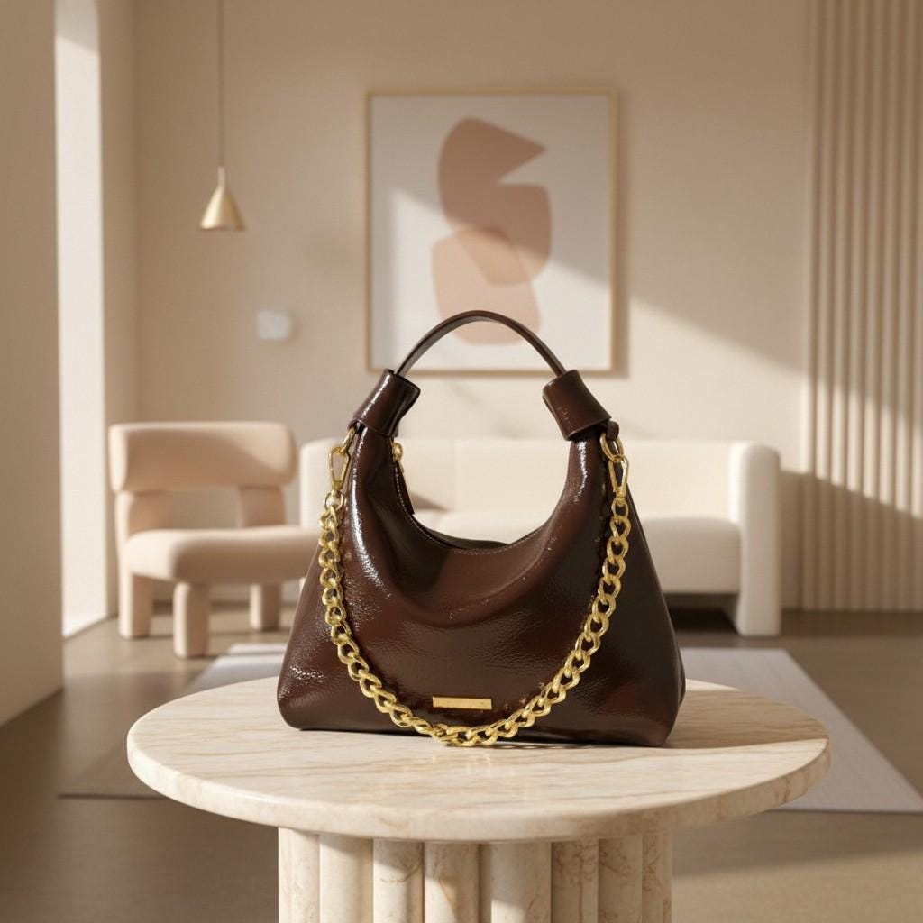 Brown Hobo Bag, Women's Shoulder Purse, Glossy Slouchy Handbag, Gold Chain Bag, Crescent Everyday Shoulder Bag