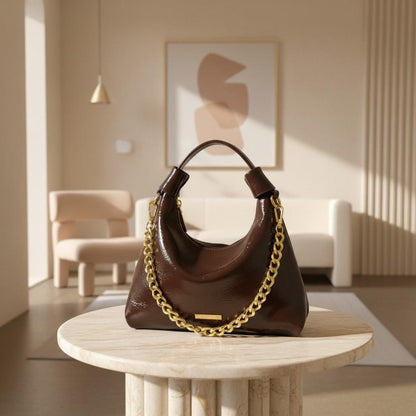 Brown Hobo Bag, Women's Shoulder Purse, Glossy Slouchy Handbag, Gold Chain Bag, Crescent Everyday Shoulder Bag