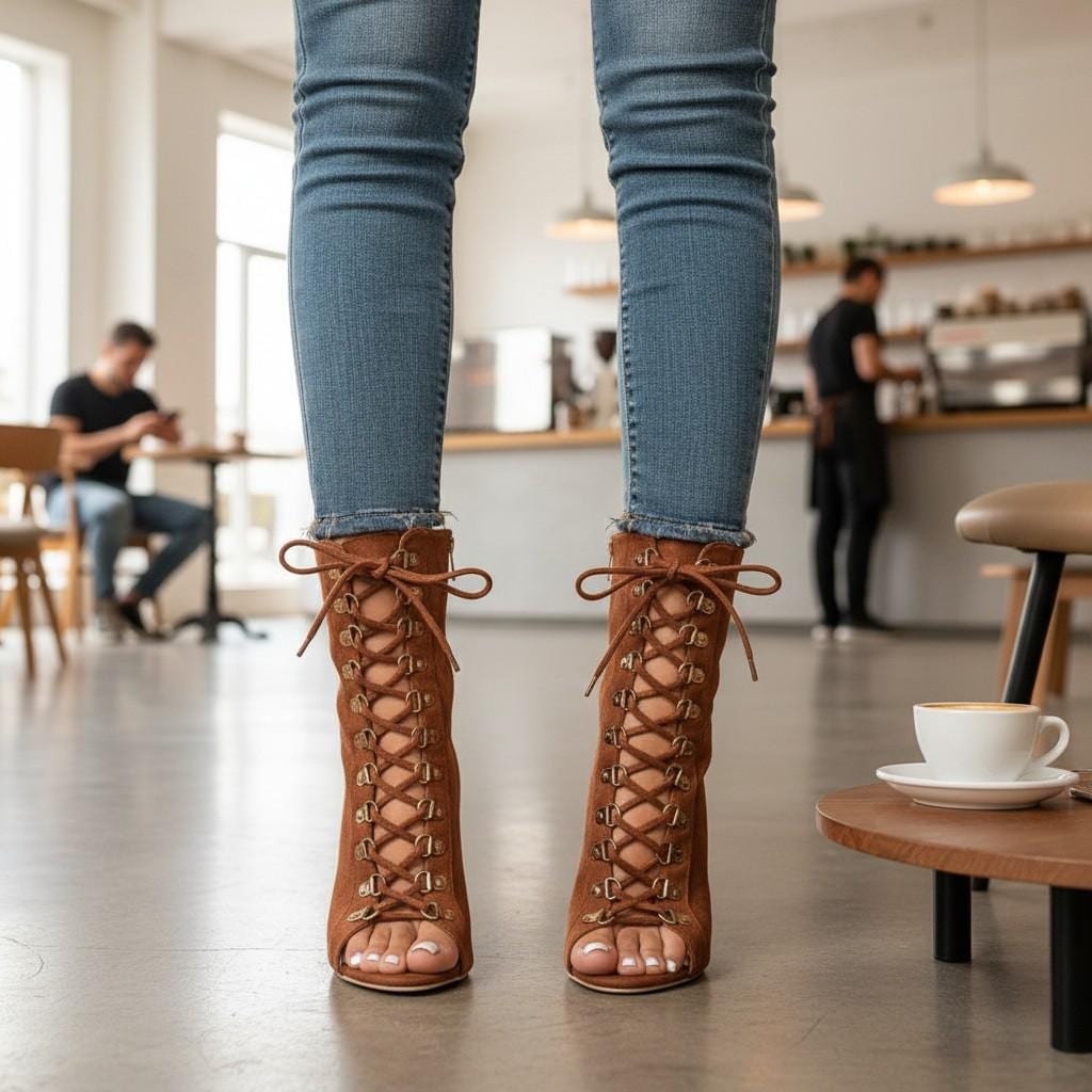 Brown Lace Up Peep Toe Booties, High Heel Ankle Boots, Pointed Stiletto Shoes