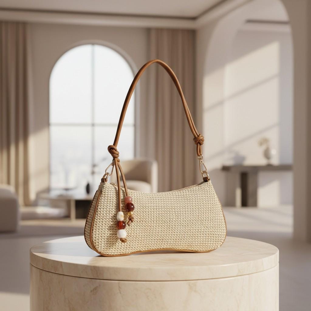 Woven Shoulder Bag, Boho Summer Purse, Beige Hobo Bag, Beaded Detail Handbag, Casual Beach Bag