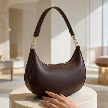 Dark Brown Shoulder Bag, Minimalist Hobo Purse, Y2K Baguette Handbag, Everyday Women's Bag