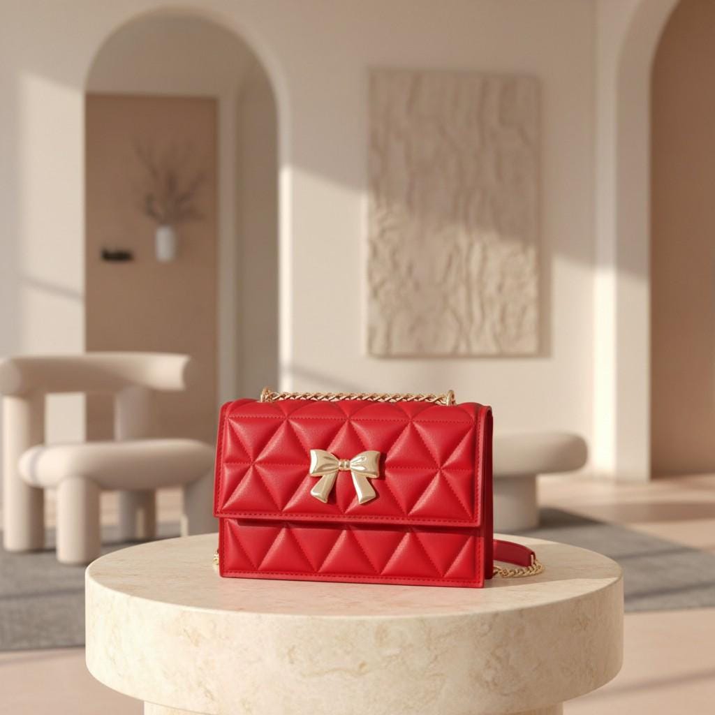 Red Quilted Shoulder Bag, Gold Bow Purse, Chain Strap Handbag, Geometric Crossbody Bag, Elegant Red Bag