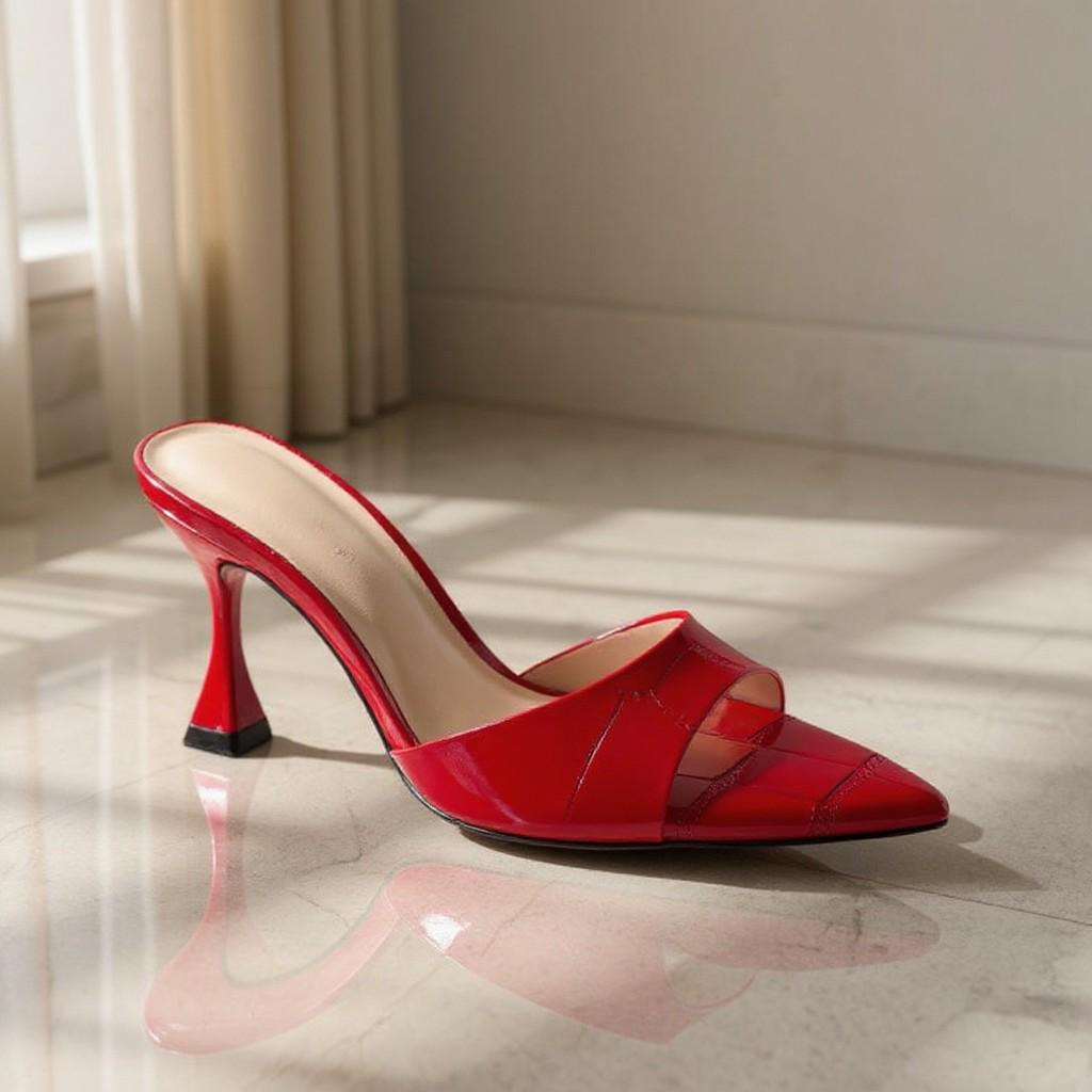 Red Patent Leather Mule Heels, Peep Toe Slip On Shoes, High Heel Dress Mules, Elegant Red Pumps
